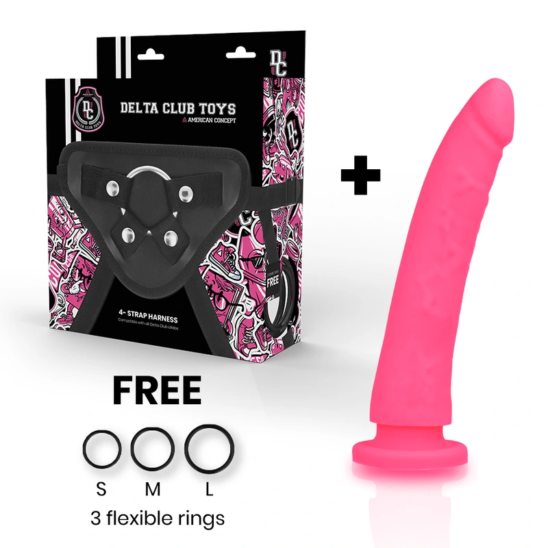 Delta club - toys harness + dong pink silicone 17 cm -o- 3 cm 1