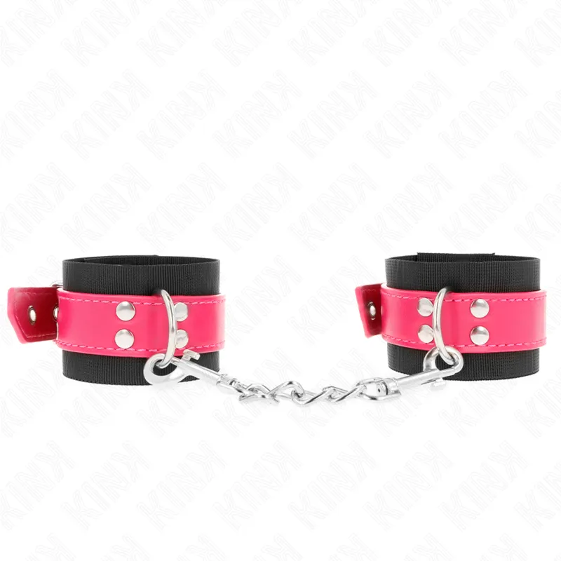 Kink - Nylon Wrist Restraints Black With Leatherette Belt Raspberry Rose Adjustable 19-29