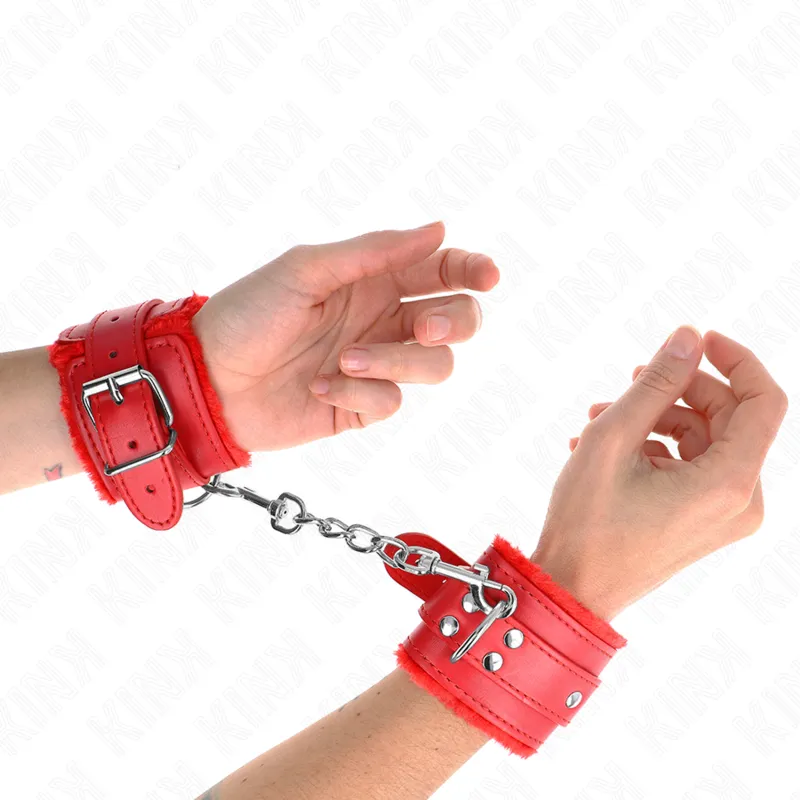 Kink - Fur Lined Wrist Restraints Red With Red Belt Adjustable 17-29 Cm X 6 Cm