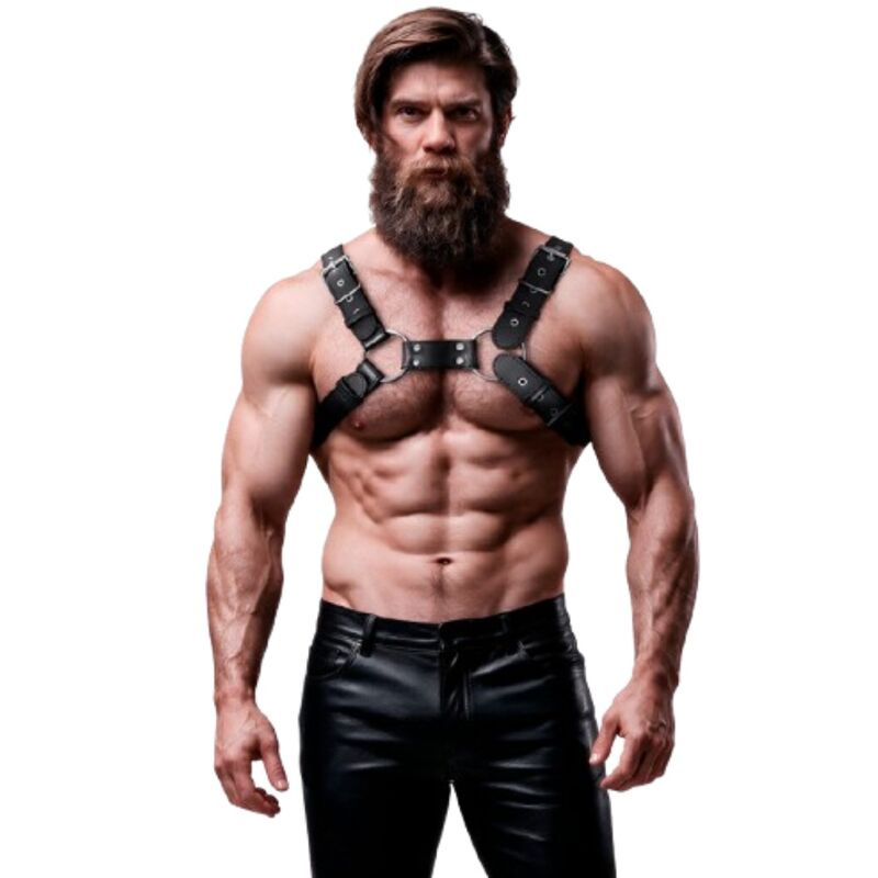 Fetish submissive attitude - mens adjustable eco-leather chest bulldog harness