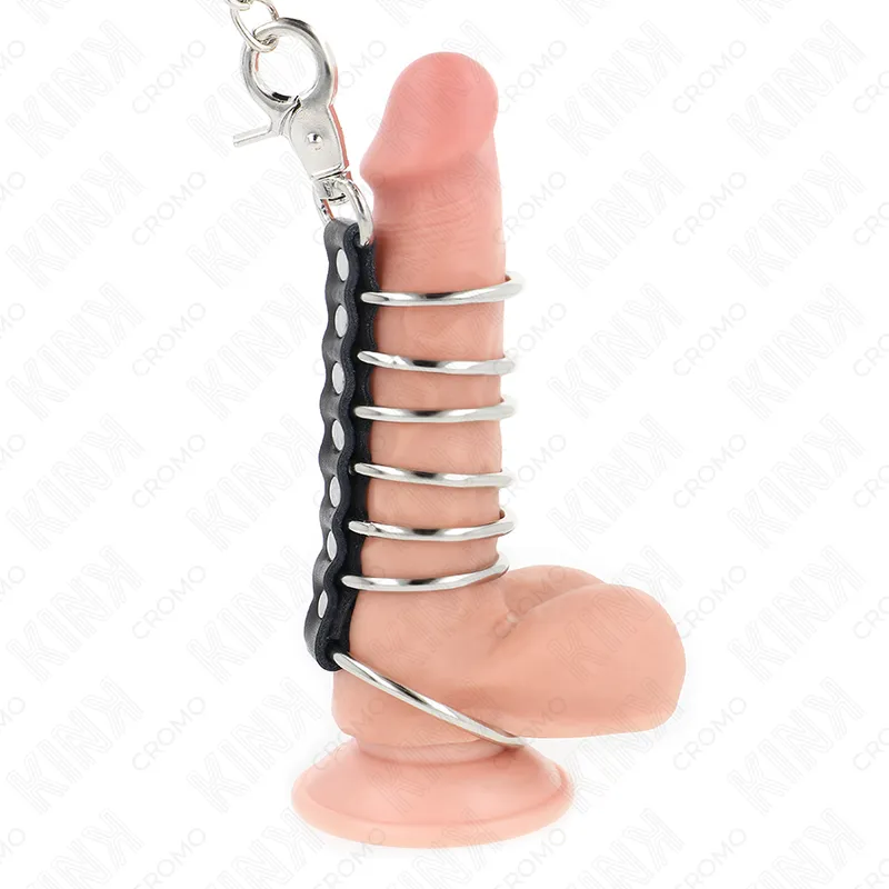 Kink - 7 metal penis rings 3.8 cm to 5 cm connected with leather and metal chain 100 cm