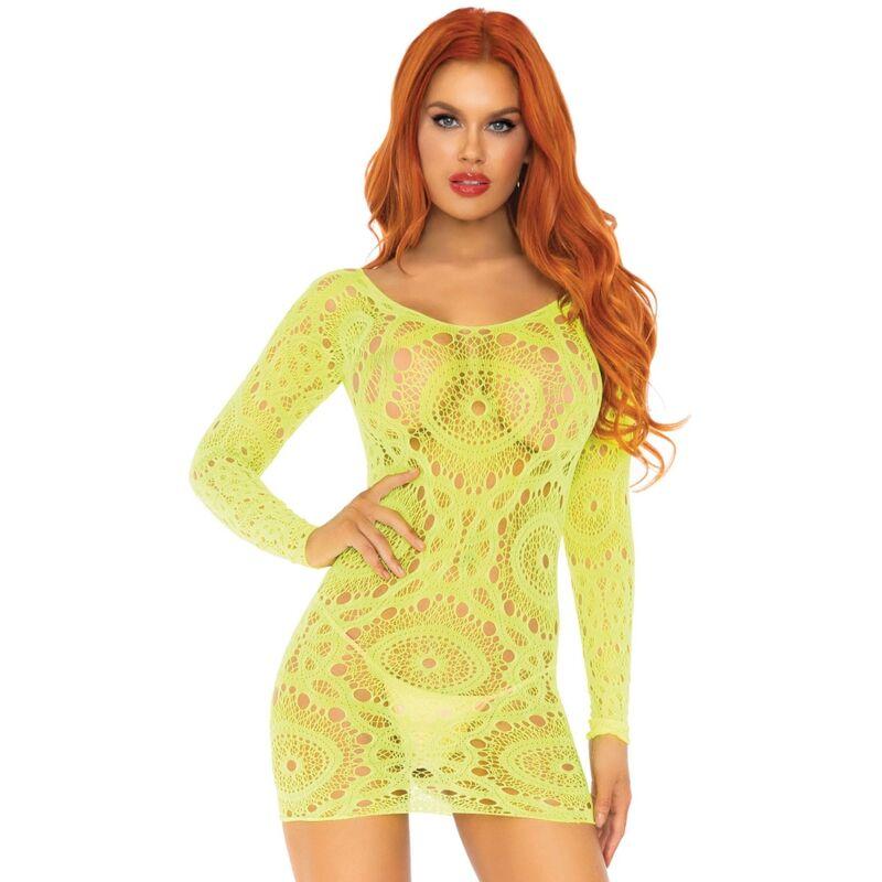 Leg Avenue Crochet Lace Long Sleeve Mini Dress Neon One Size 1