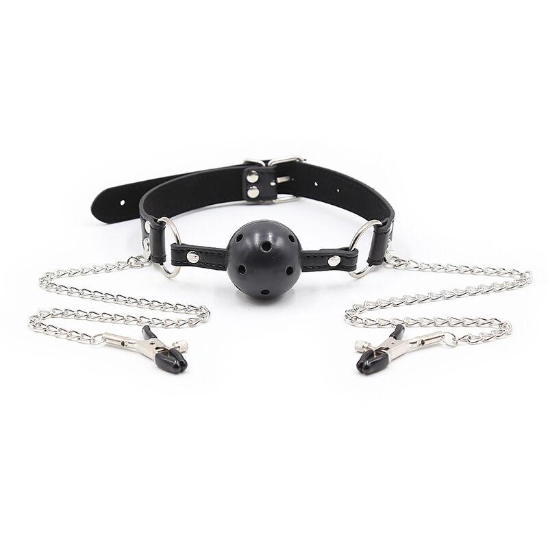 Ohmama Fetish Breatherable Ball Gag With Nipple Clamps 1
