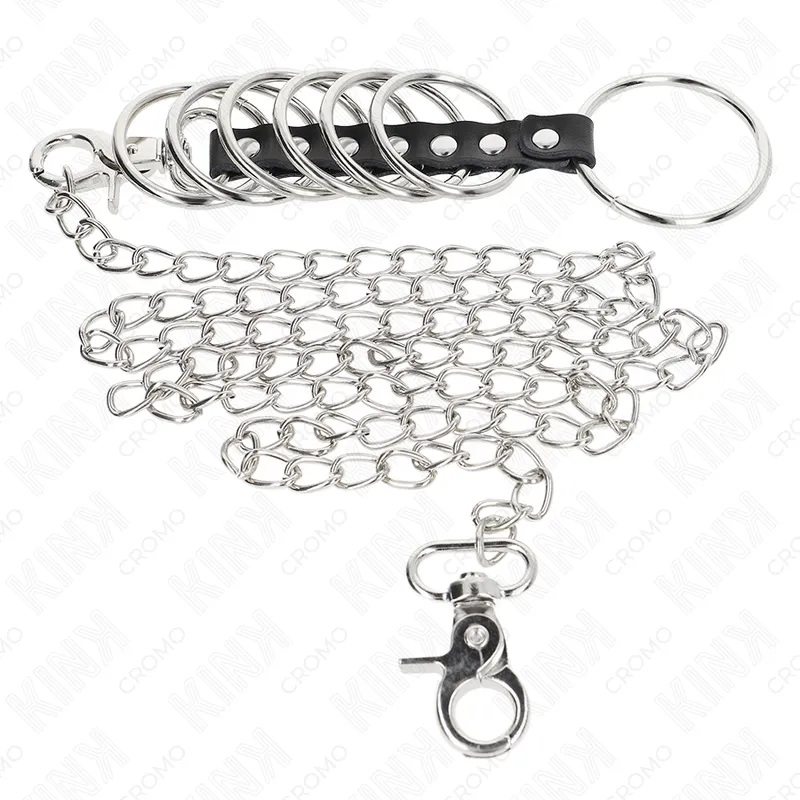 Kink - 7 metal penis rings 3.8 cm to 5 cm connected with leather and metal chain 100 cm