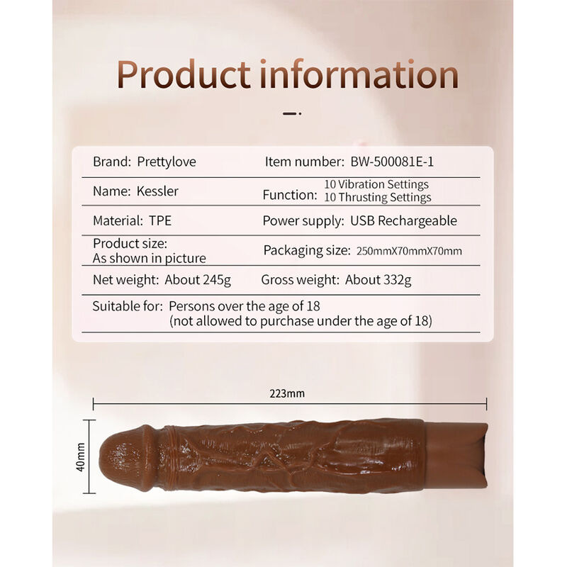 Pretty love - kessler realistic vibrating dildo with 10 vibration modes and 10 throws, 22 cm, brown 13