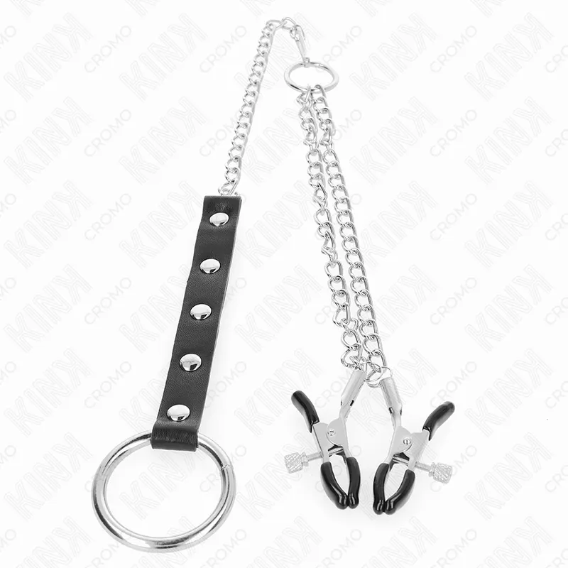 Kink - metal penis ring with chain and adjustable nipple clamps