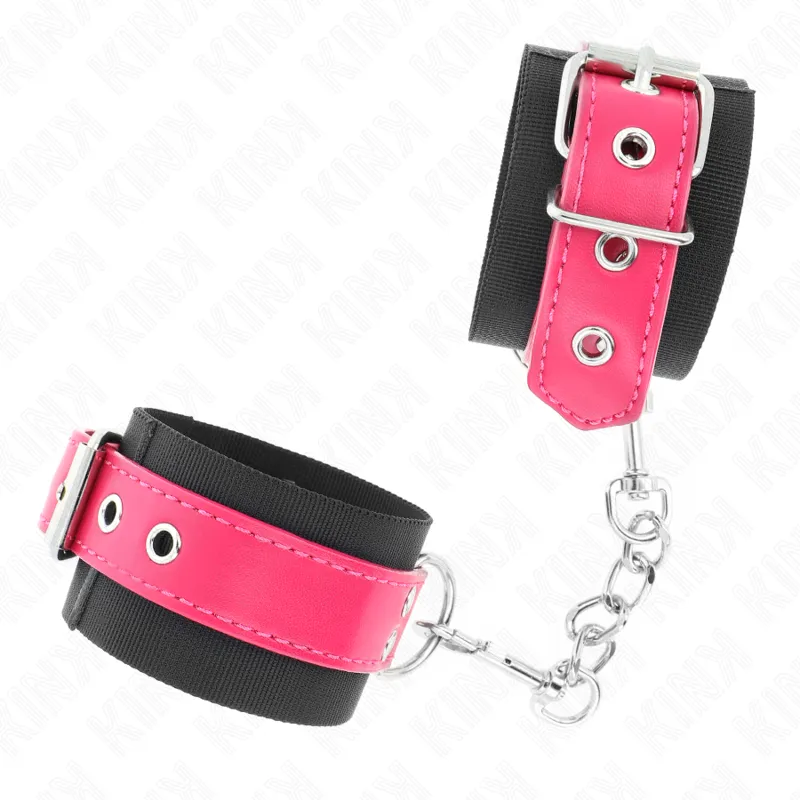 Kink - Nylon Wrist Restraints Black With Leatherette Belt Raspberry Rose Adjustable 19-29