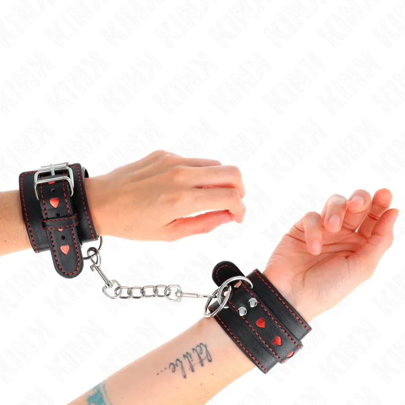 Kink - Black Wrist Restraints With Red Heart Inlay Adjustable 21-28 Cm X 5.5 Cm 3