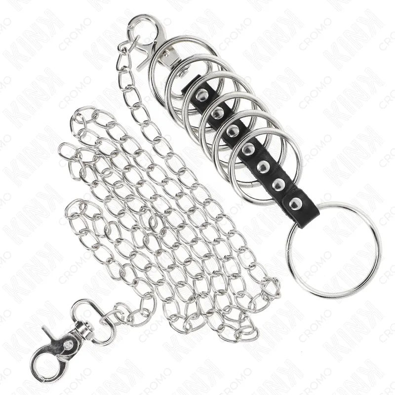 Kink - 7 metal penis rings 3.8 cm to 5 cm connected with leather and metal chain 100 cm