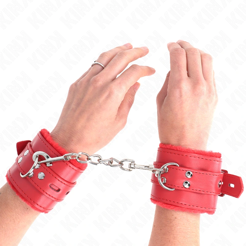 Kink - fur lined wrist restraints with square holes red and red belt adjustable 17-29 cm x 6 cm