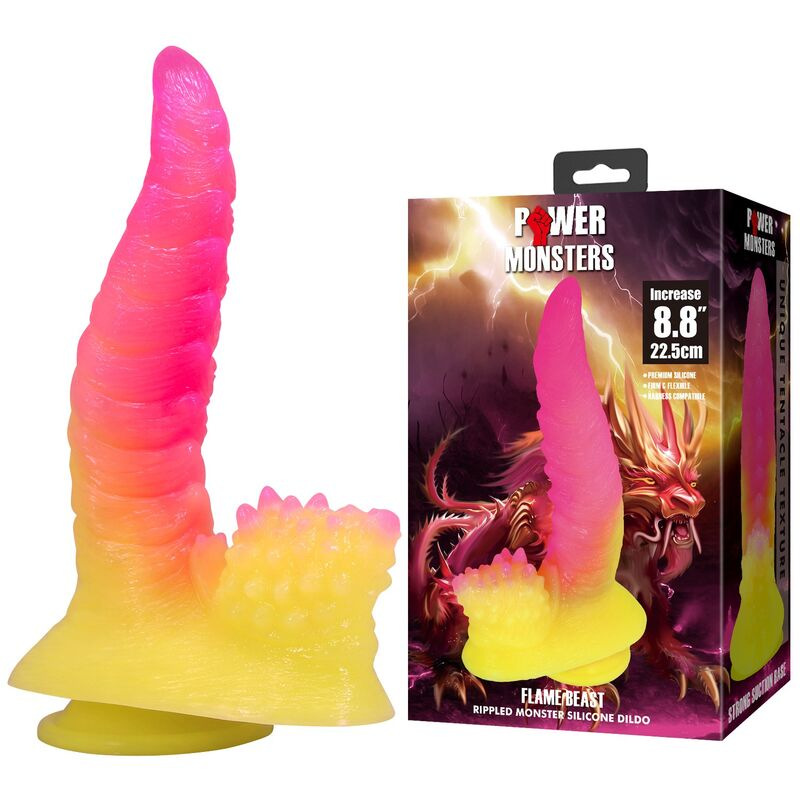 Power monsters - ripplied monster fantasy dildo with suction cup 22.5 cm Ø 5.5 cm pink & yellow 7