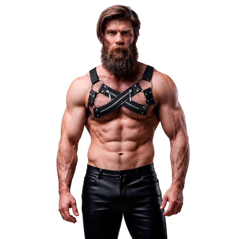 Fetish submissive attitude - adjustable neoprene cross-over chest bulldog harness with zippers for m