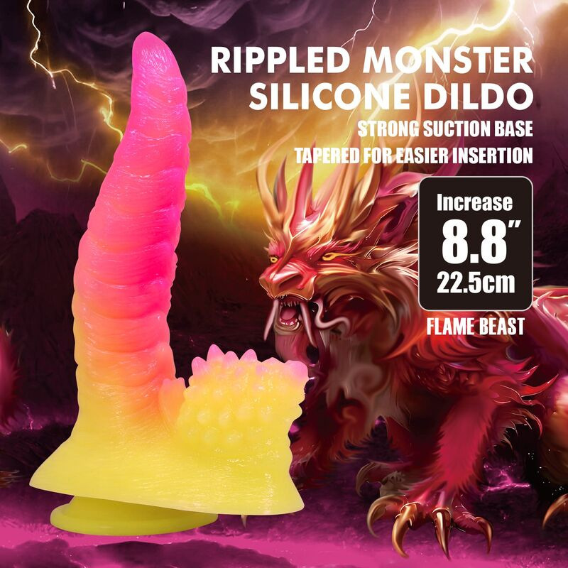 Power monsters - ripplied monster fantasy dildo with suction cup 22.5 cm Ø 5.5 cm pink & yellow 6
