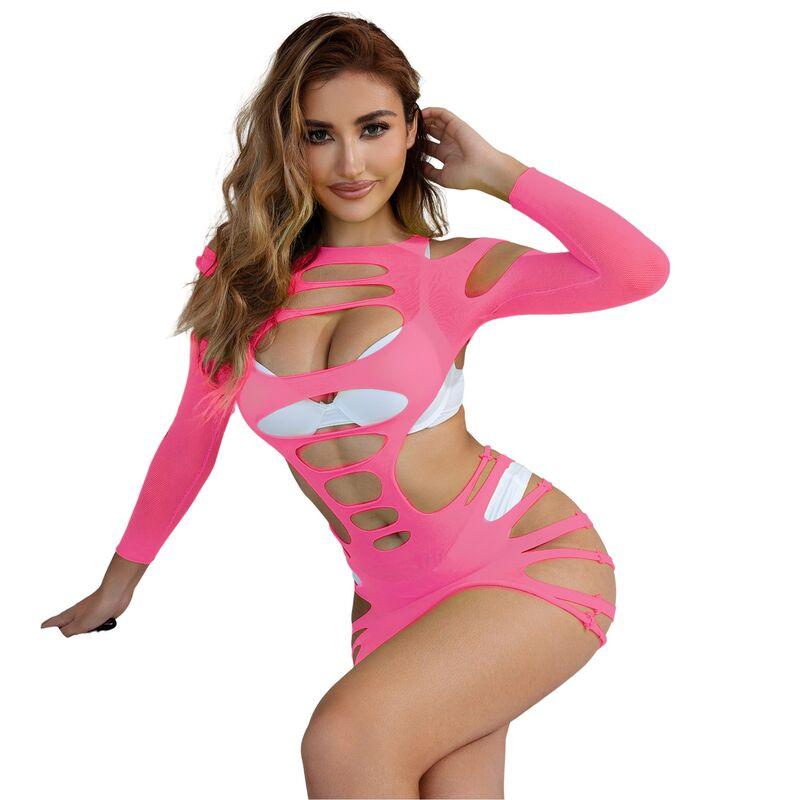 Subblime - 952273 long sleeve elastic fishnet bodystocking pink one size