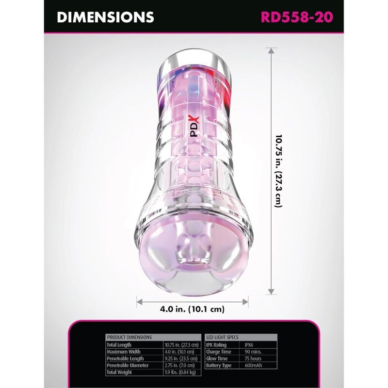 Pdx elite - viewtube xxl led transparent stroker 27.3 cm 3