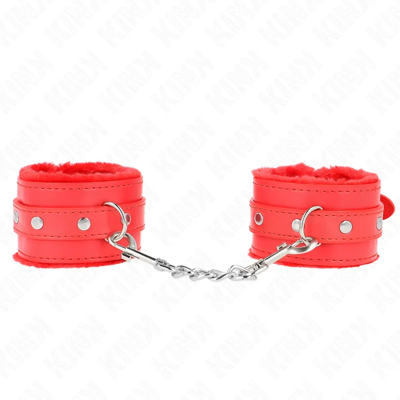 Kink - Premium Fur Lined Wrist Restraints Red With Red Belt Adjustable 17-29 Cm X 6 Cm