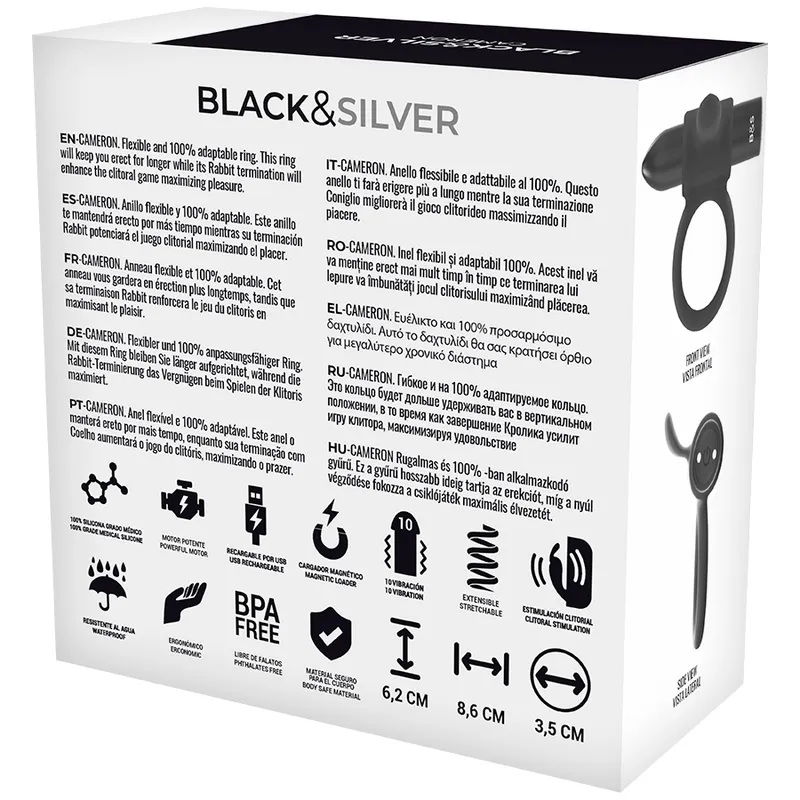 Black&Silver Cameron Remote Control Cockring Watchme - Vibračný Krúžok