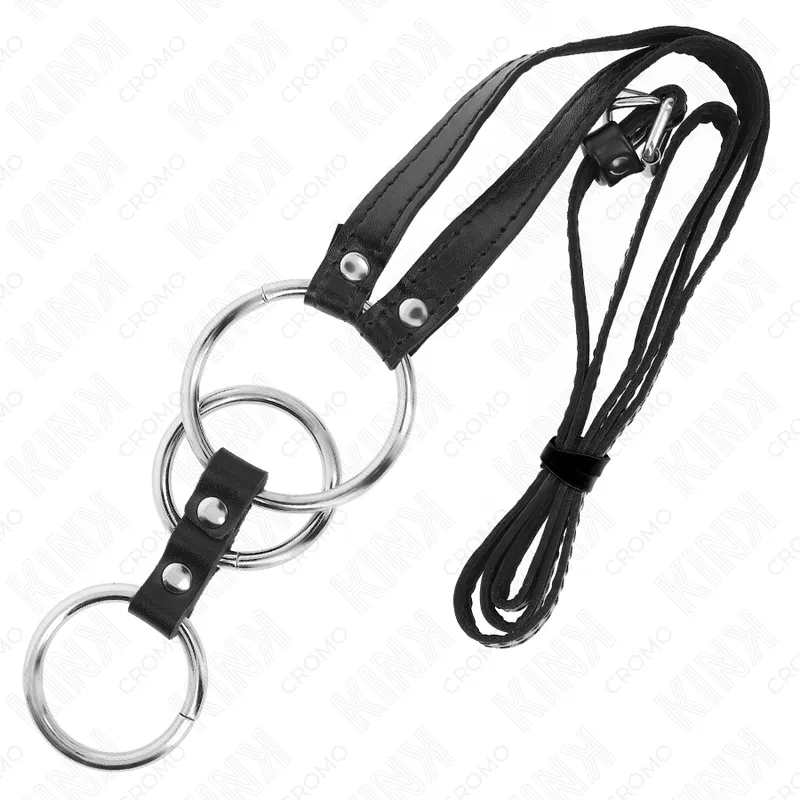 Kink - triple metal penis ring 3.8 cm to 5 cm with leather belt 112 cm