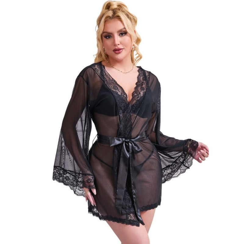 Subblime - Transparent Fabric Robe With Lace Detail Black S/M
