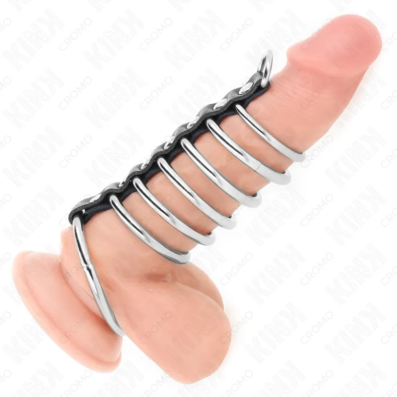 Kink - 7 metal penis rings 3.2 cm to 5 cm connected by leather