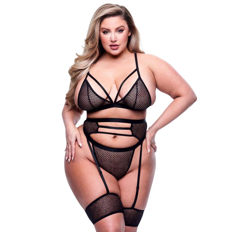 Baci Lingerie - 3-Piece Strappy Bra, Garter & Panty Set Black Queen Size 2