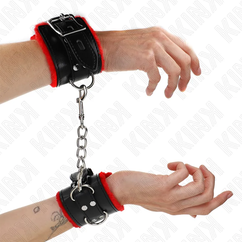 Kink - Fur Lined Wrist Restraints With Square Holes Red And Black Belt Adjustable 17-29 Cm