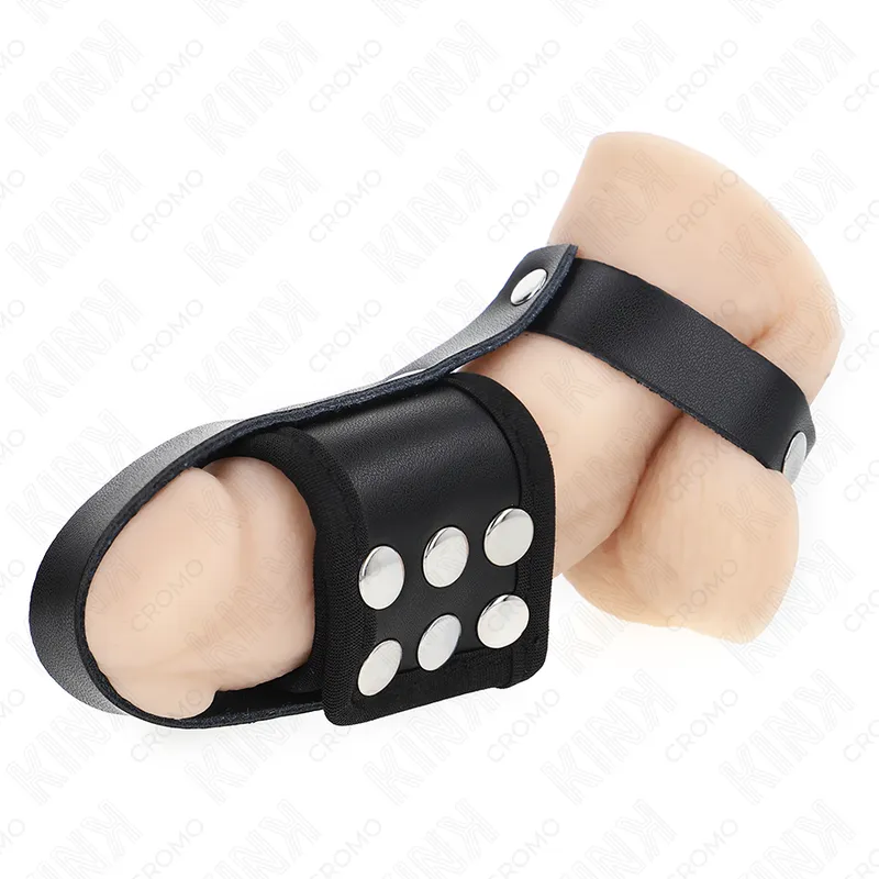 Kink - leather penis cage ring with adjustable coated ball divider strap