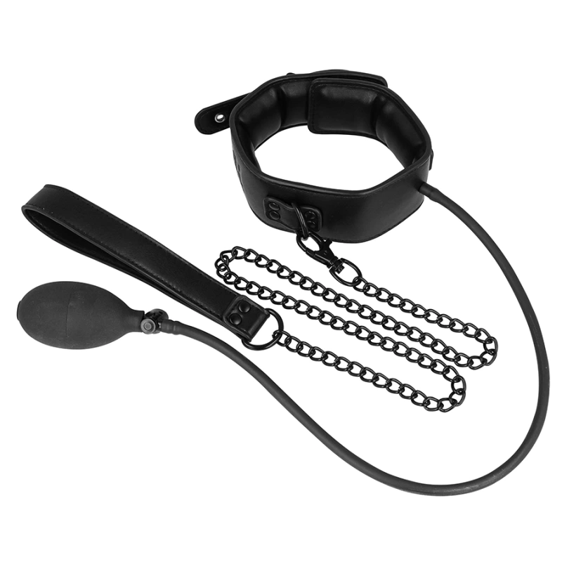 Fetish submissive bondage - inflatable strangling collar with chain 4