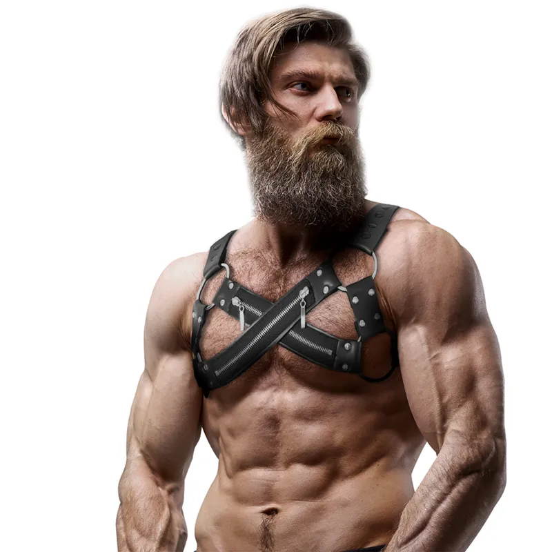 Fetish Submissive Attitude&Trade; - Adjustable Neoprene Cross-Over Chest Bulldog Harness W 3