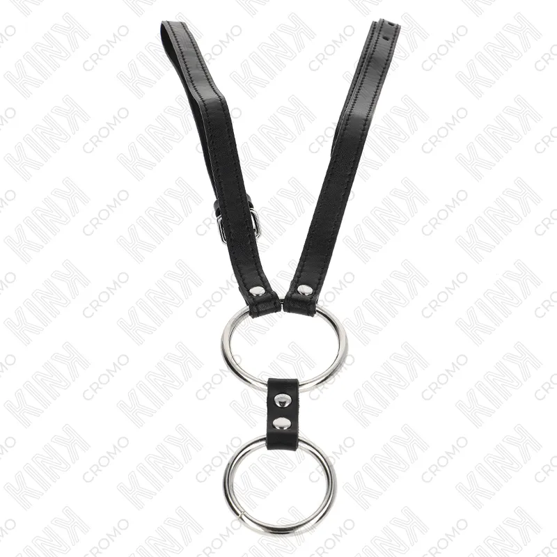 Kink - double metal penis ring 3.8 cm to 5 cm with leather belt 112 cm