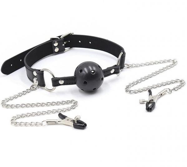 Ohmama Fetish Breatherable Ball Gag With Nipple Clamps