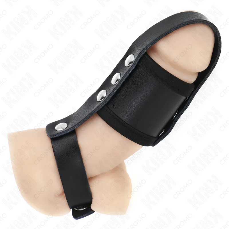 Kink - leather penis cage ring with adjustable coated ball divider strap