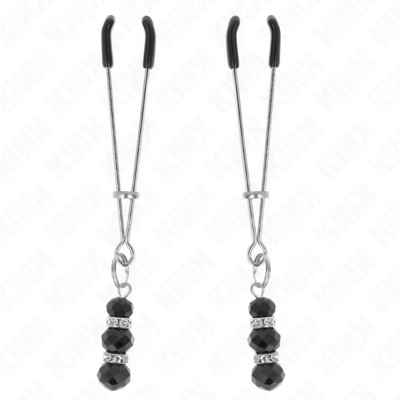 Kink - Gold Thin Nipple Clamps With 3 Black Glass Beads 7 Cm