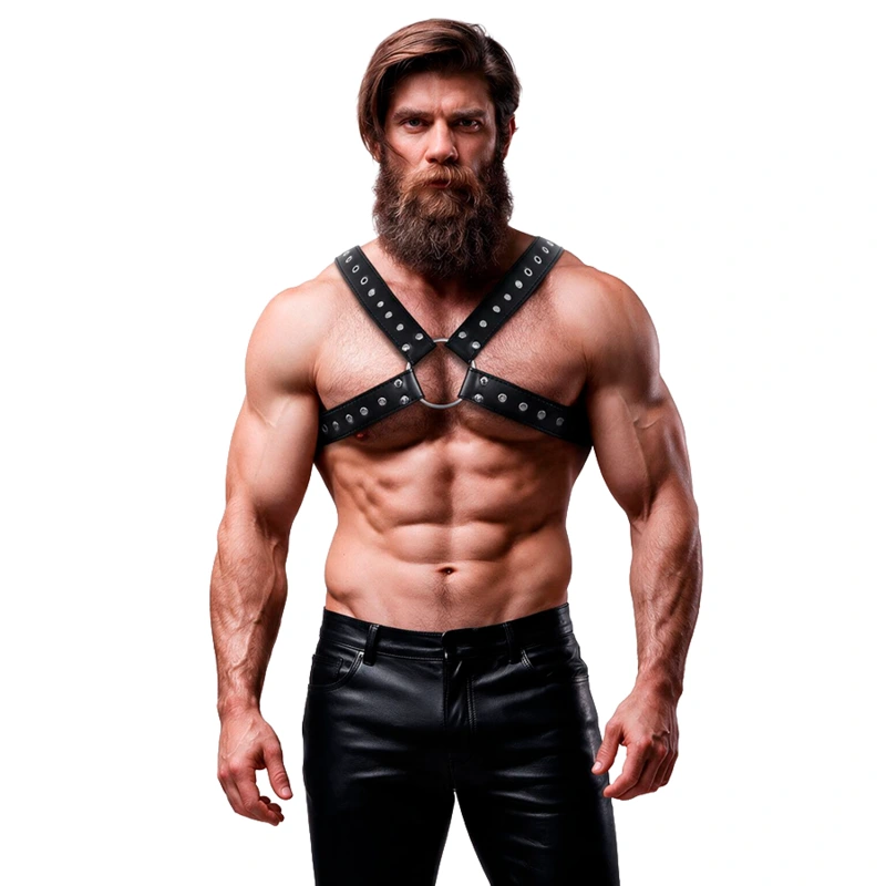Fetish submissive attitude - mens cross-over eco-leather chest harness with studs