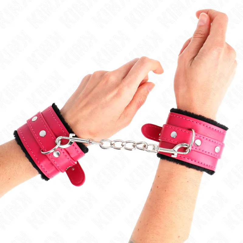 Kink - Premium Fur Lined Wrist Restraints Black With Raspberry Rose Belt Adjustable 17-29 3