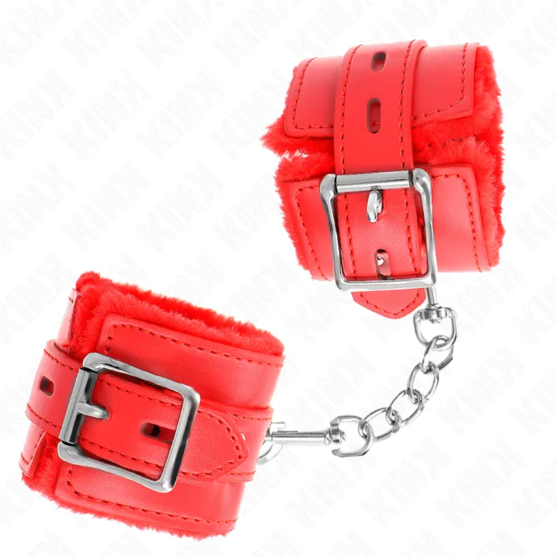 Kink - Fur Lined Wrist Restraints With Square Holes Red And Red Belt Adjustable 17-29 Cm X