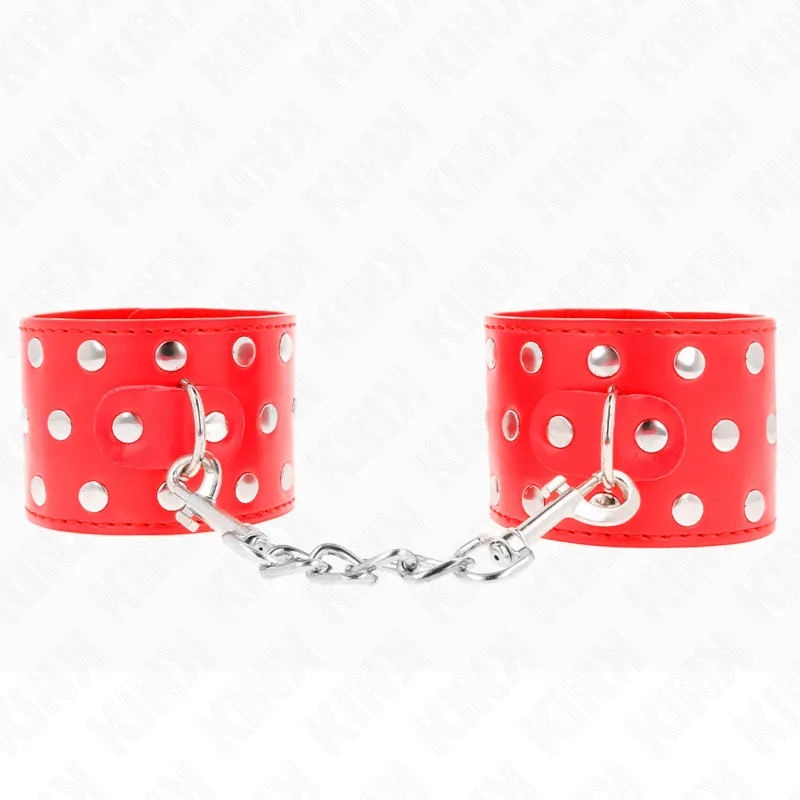 Kink - Wrist Restraints With Snap Fasten Full Of Rivets Red Adjustable 19-24 Cm X 5.5 Cm