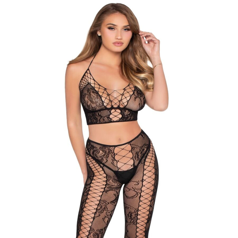 Leg avenue - 89368 net & lace crop top and tights black - one size 2