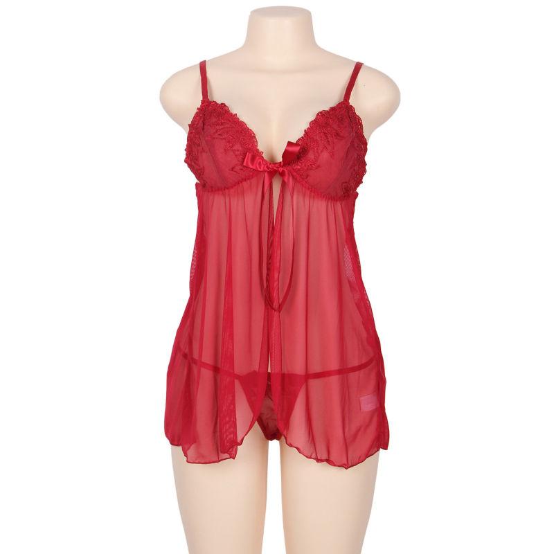 Subblime Queen Plus Babydoll With Bow And Floral Laces Red