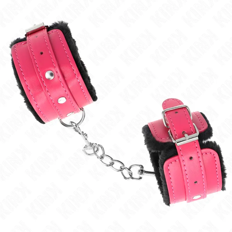 Kink - Premium Fur Lined Wrist Restraints Black With Raspberry Rose Belt Adjustable 17-29