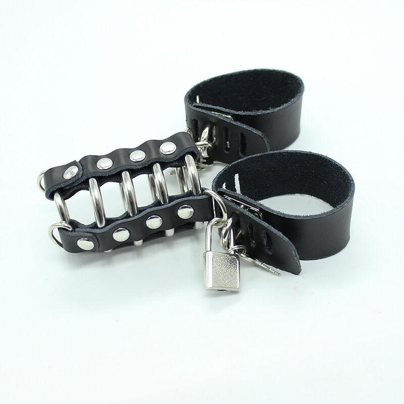 Ohmama Fetish Leather Strap Metal Ring Cock Cage With Ball D
