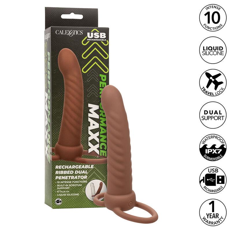 Calexotics - Maxx Ribbed Dual Penetrator 10 Vibrations Brown