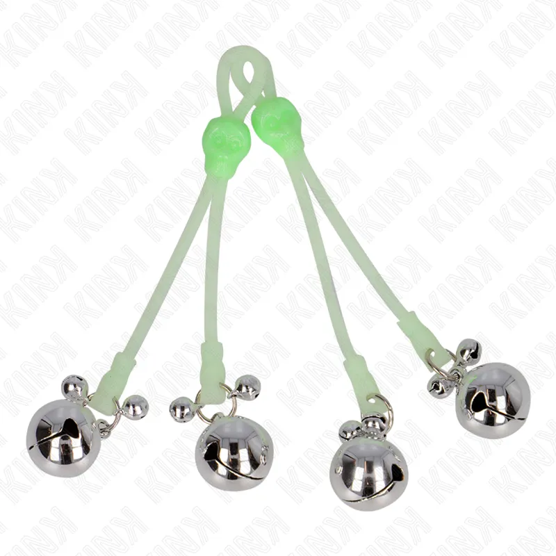 Kink - Luminous Skull Nipple Clamps With Ring Bells Adjustable Green / Silver