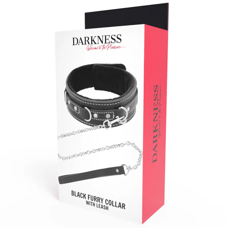 Darkness Black Furry Collar With Leash - Obojok S Vodítkom