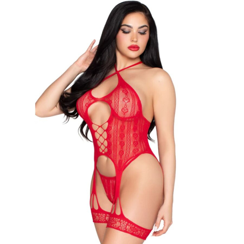 Leg avenue - 89338 lace open bodysuit with garter belt + thong red - one size 1