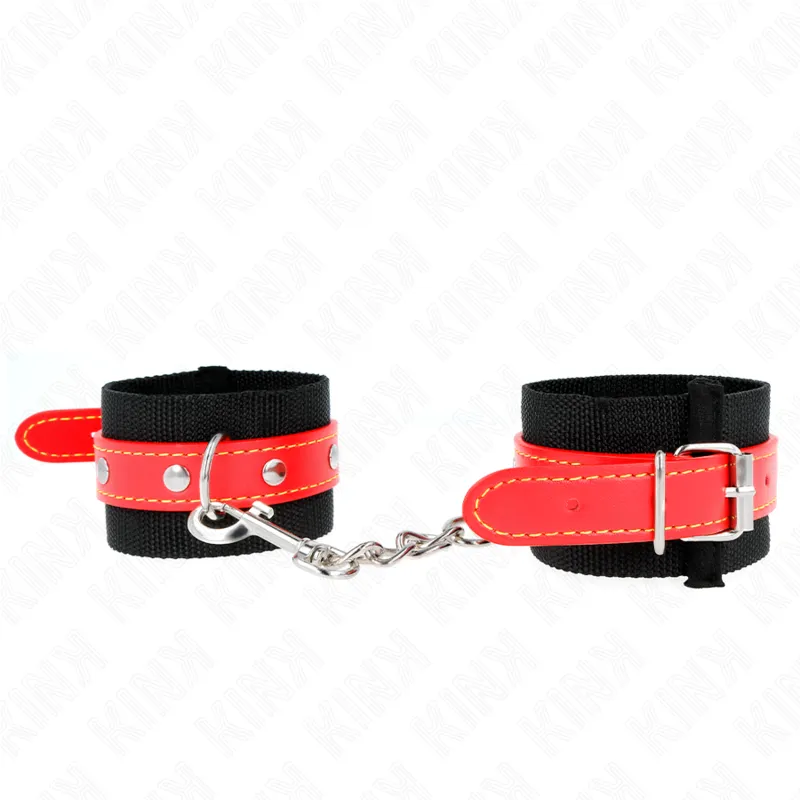 Kink - Nylon Wrist Restraints Black With Leatherette Red Adjustable 19-24 Cm X 5.5 Cm