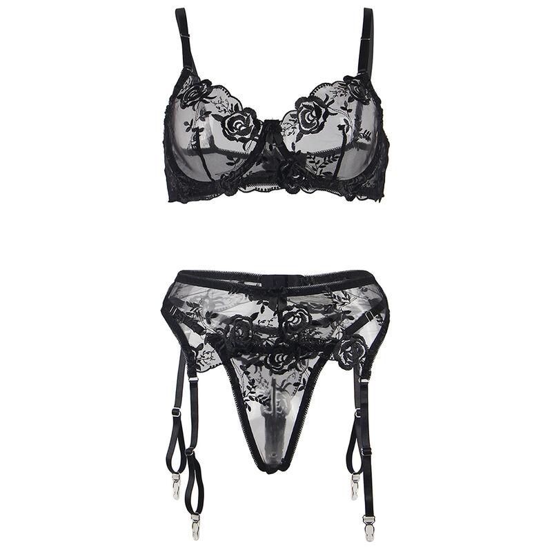 Subblime - set of 3 pieces bra + thong + garter floral print black s/m