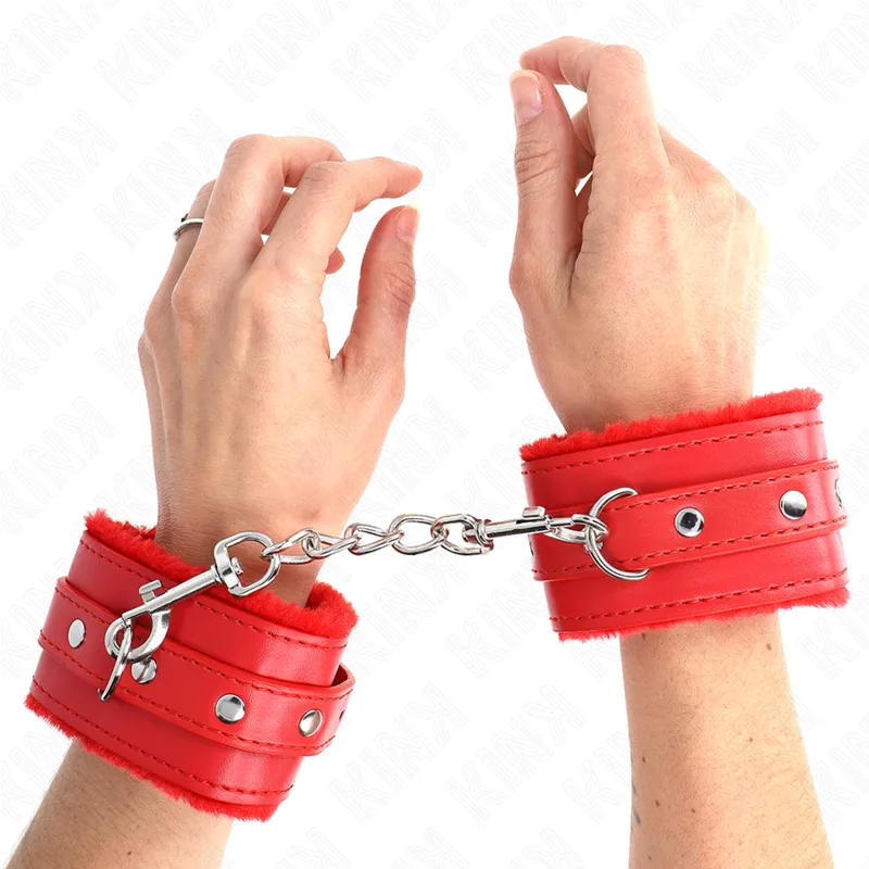 Kink - Premium Fur Lined Wrist Restraints Red With Red Belt Adjustable 17-29 Cm X 6 Cm 3