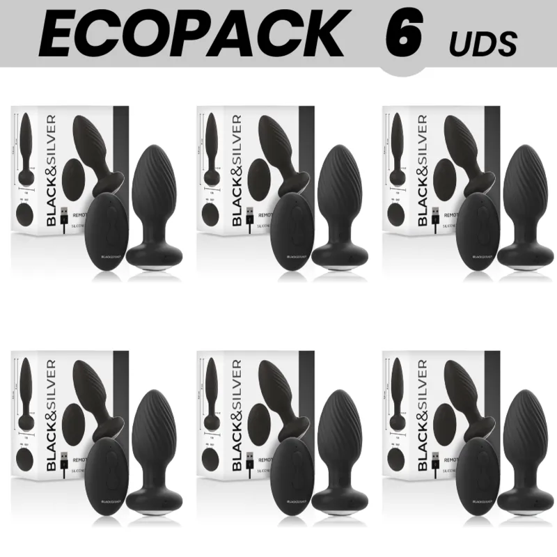 Ecopack 6 Units - Black&Silver Wells Anal Plug Silicone Remote Control