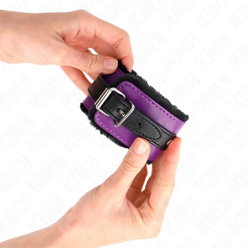 Kink - Premium Fur Lined Wrist Restraints Black With Purple / Black Belt Adjustable 17-29 2